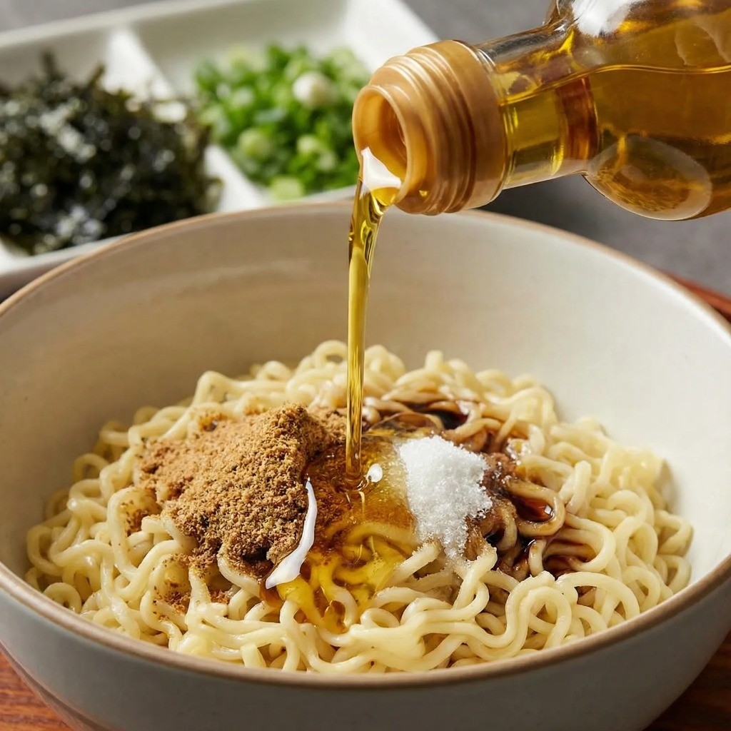 김라면 만들기 완성 단계 - 삶은 면에 양념, 들기름, 김가루 토핑 올리기