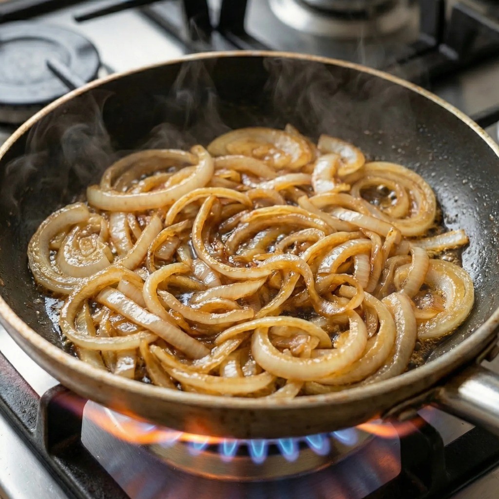 팬에서 버터와 함께 양파를 갈색으로 볶는 캐러멜라이징 과정