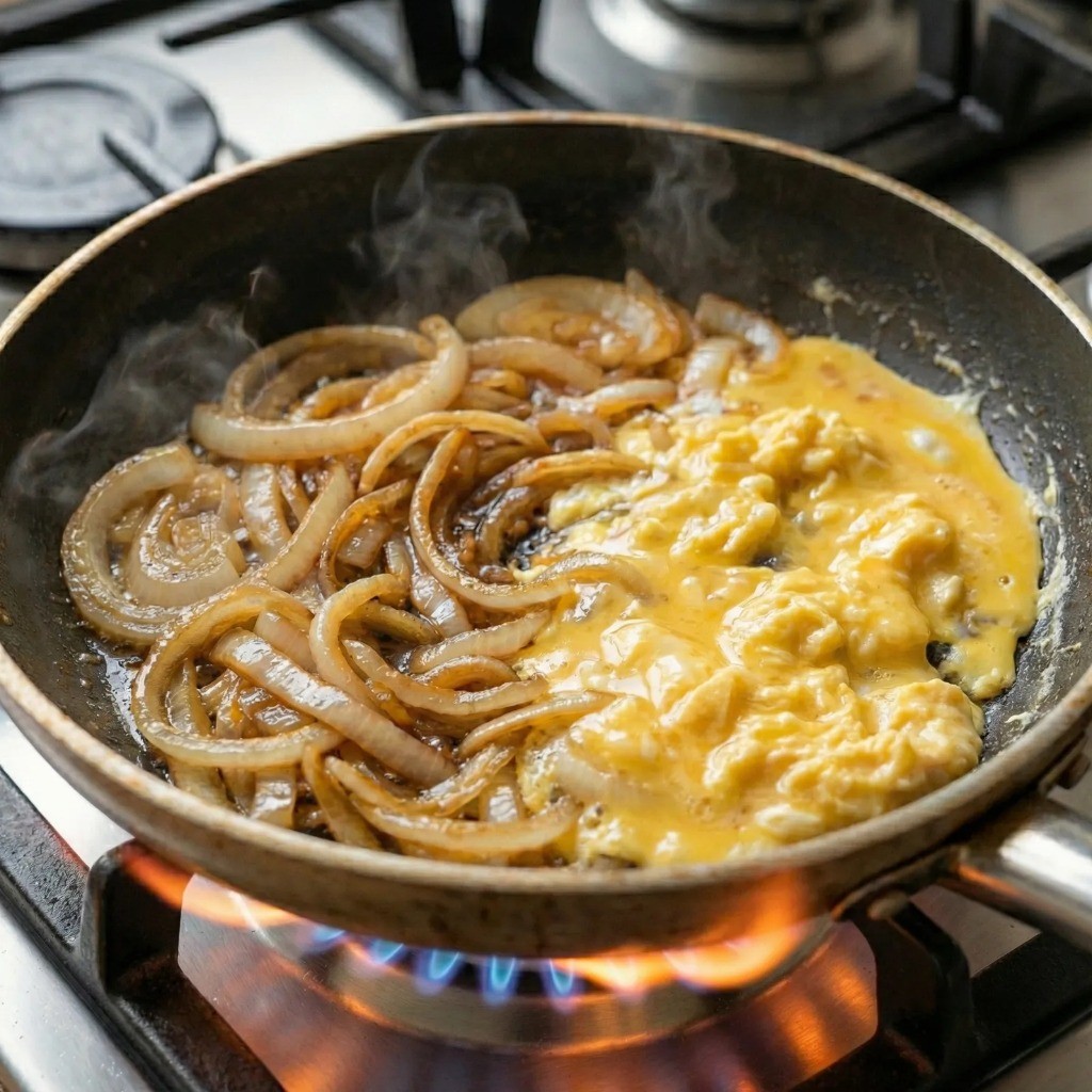 양파볶음 옆에서 달걀 스크램블 에그 만드는 원팬 요리 과정