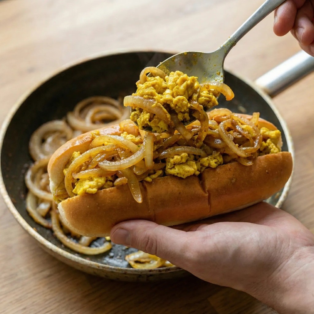 완성된 양파카레 샌드위치와 덮밥 브런치 플레이팅