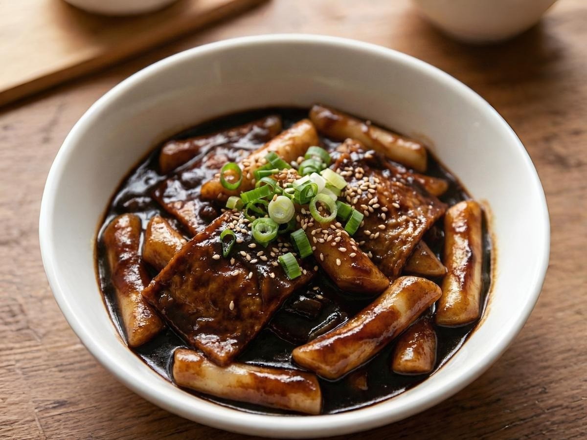 백종원 만능 짜장 소스로 만든 윤기 흐르는 짜장 떡볶이 완성 접사