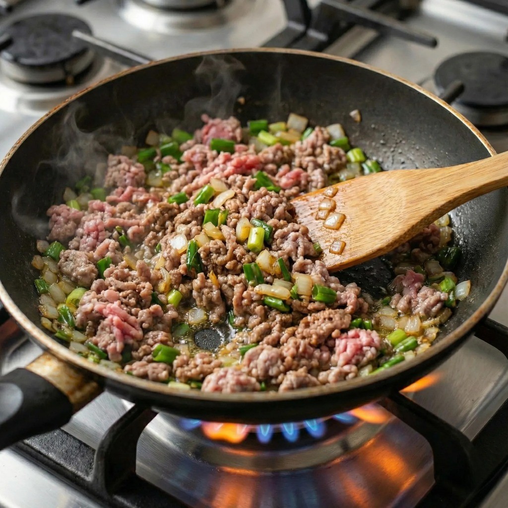 다진 돼지고기와 간 생강을 볶아 고소한 맛을 내는 단계