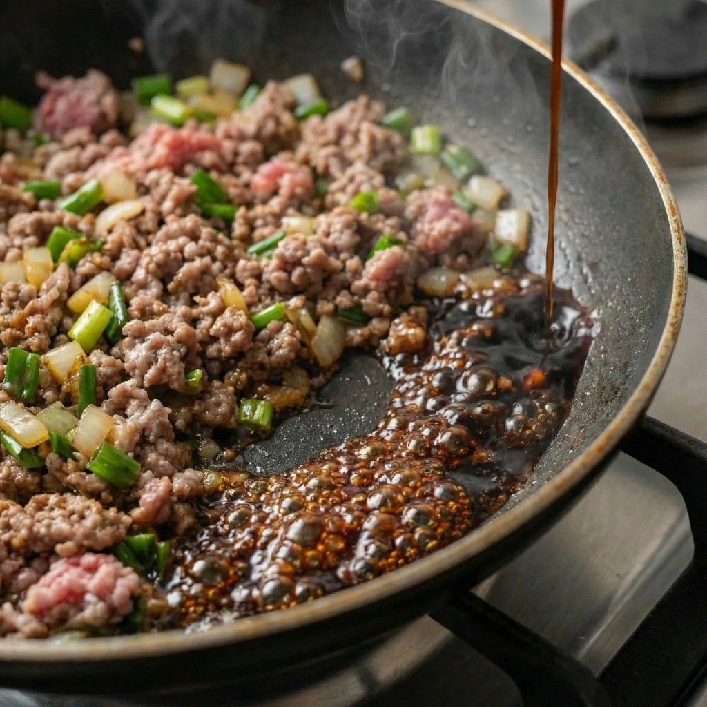 팬 가장자리에 간장과 굴소스를 눌러 불맛을 입히는 비법 과정