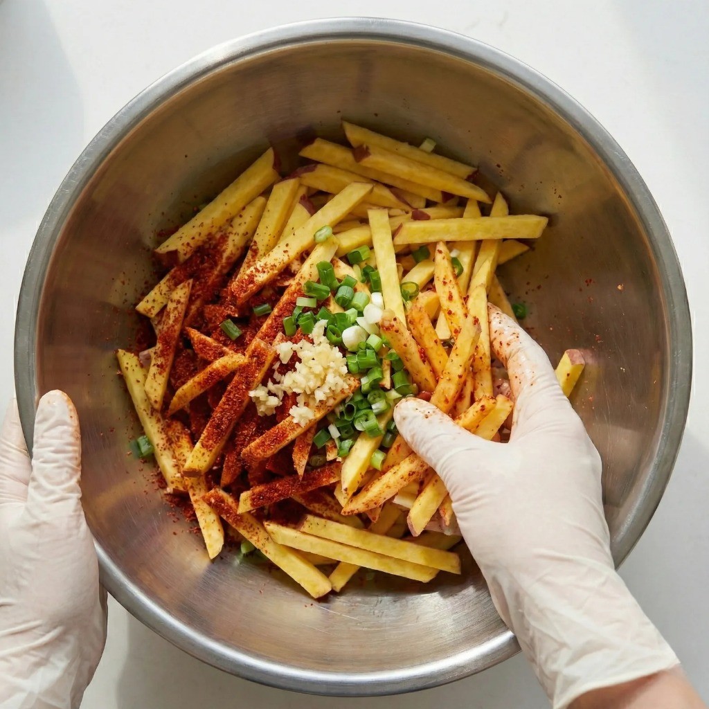 백종원 고구마 생채 양념 무치는 과정, 대파와 마늘 넣고 버무리기