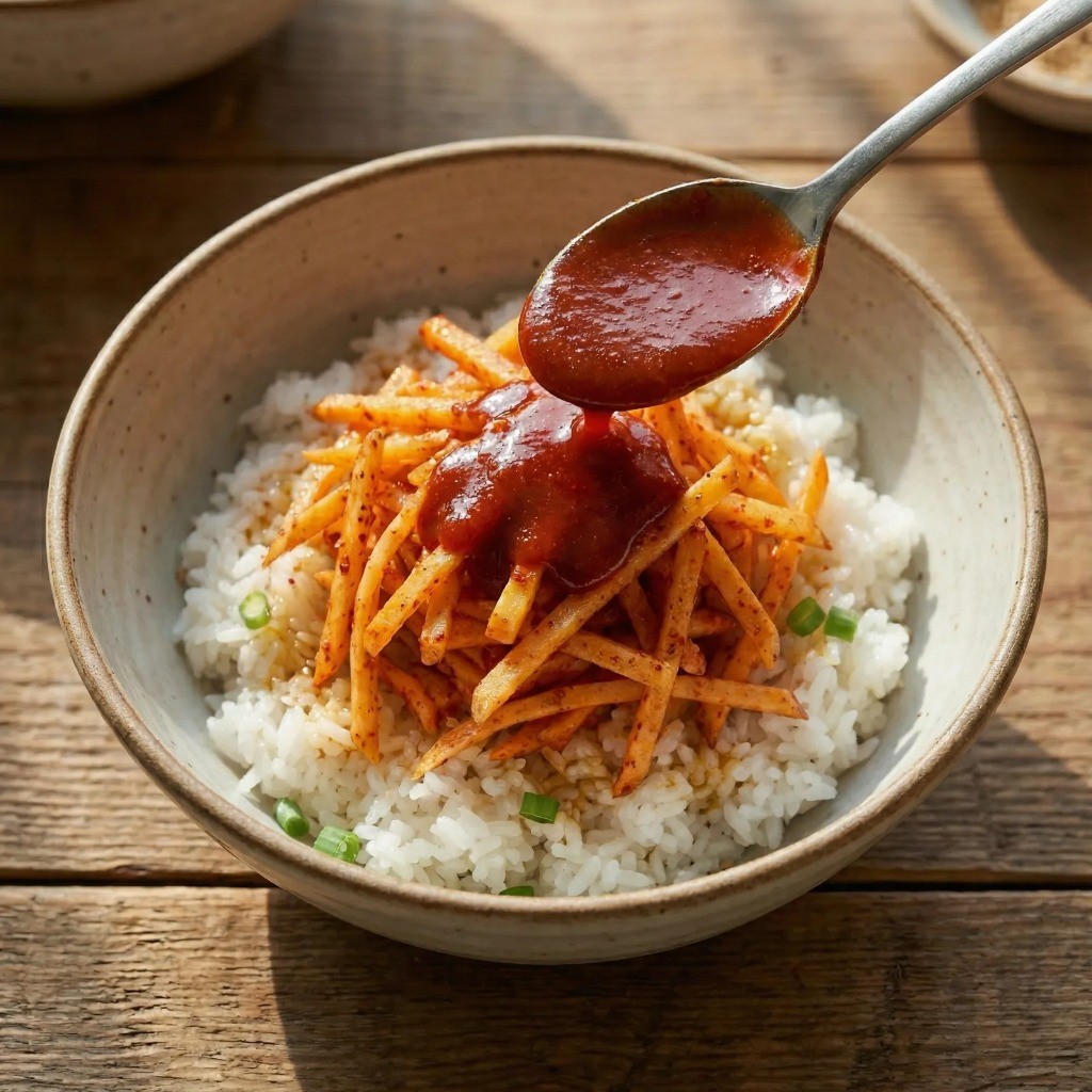 따뜻한 밥 위에 올린 고구마 생채, 백종원 비빔밥 완성 모습