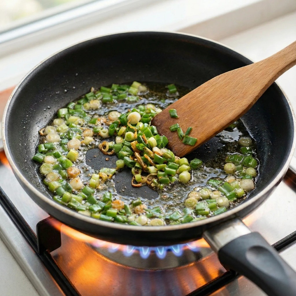 짜장덮밥 만들기 1단계 - 식용유에 대파를 볶아 파기름 내는 모습