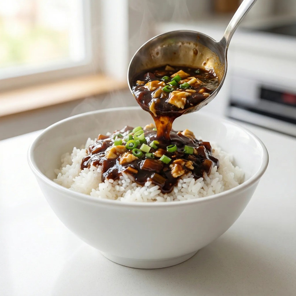 간단한 저녁 메뉴 추천 - 밥 위에 완성된 짜장 소스를 부어 덮밥 완성