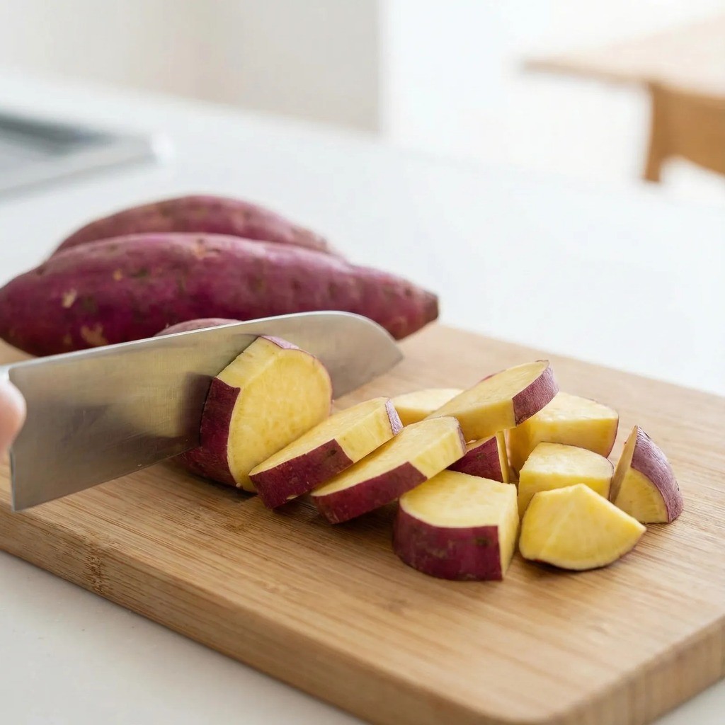 고구마 빠스 재료 손질, 고구마 큼직하게 돌려깎기 방법