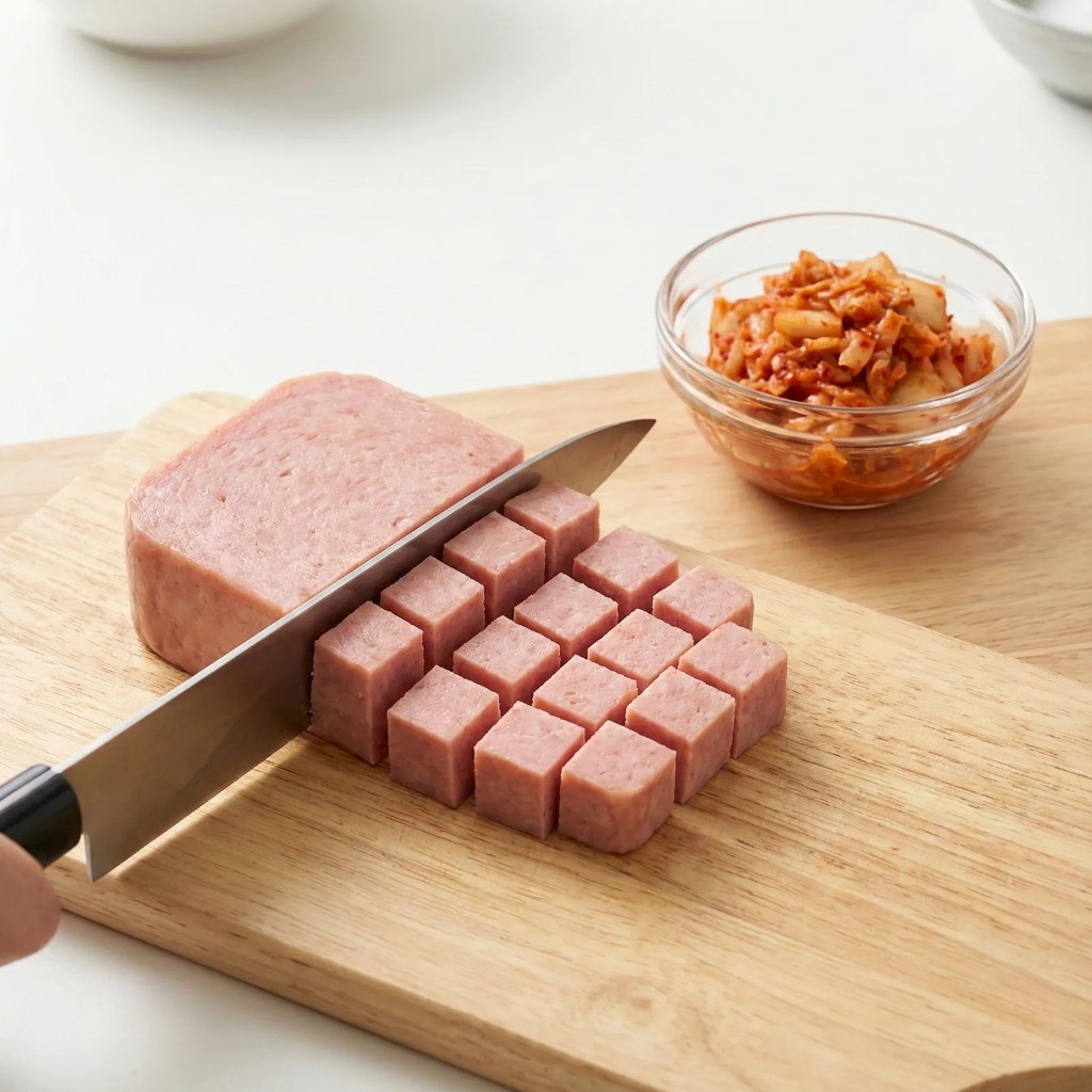 스팸마요덮밥 재료 손질, 깍둑썬 스팸과 가위로 잘게 자른 신김치 준비