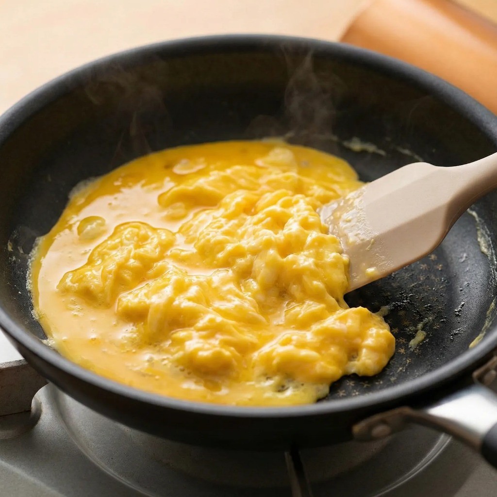 프라이팬에서 식용유를 두르고 부드러운 스크램블 에그를 만드는 조리 과정