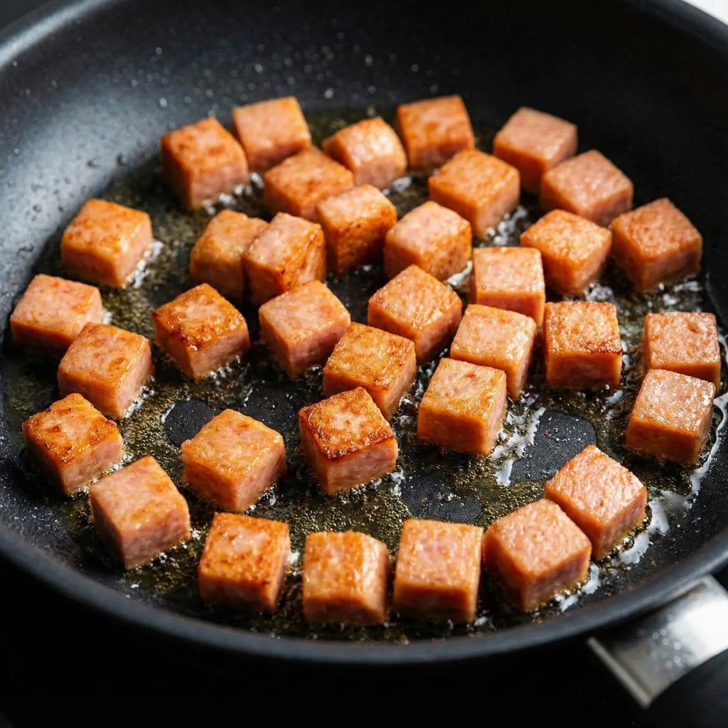 프라이팬에서 노릇노릇하게 튀기듯 볶아지고 있는 큐브 모양의 스팸