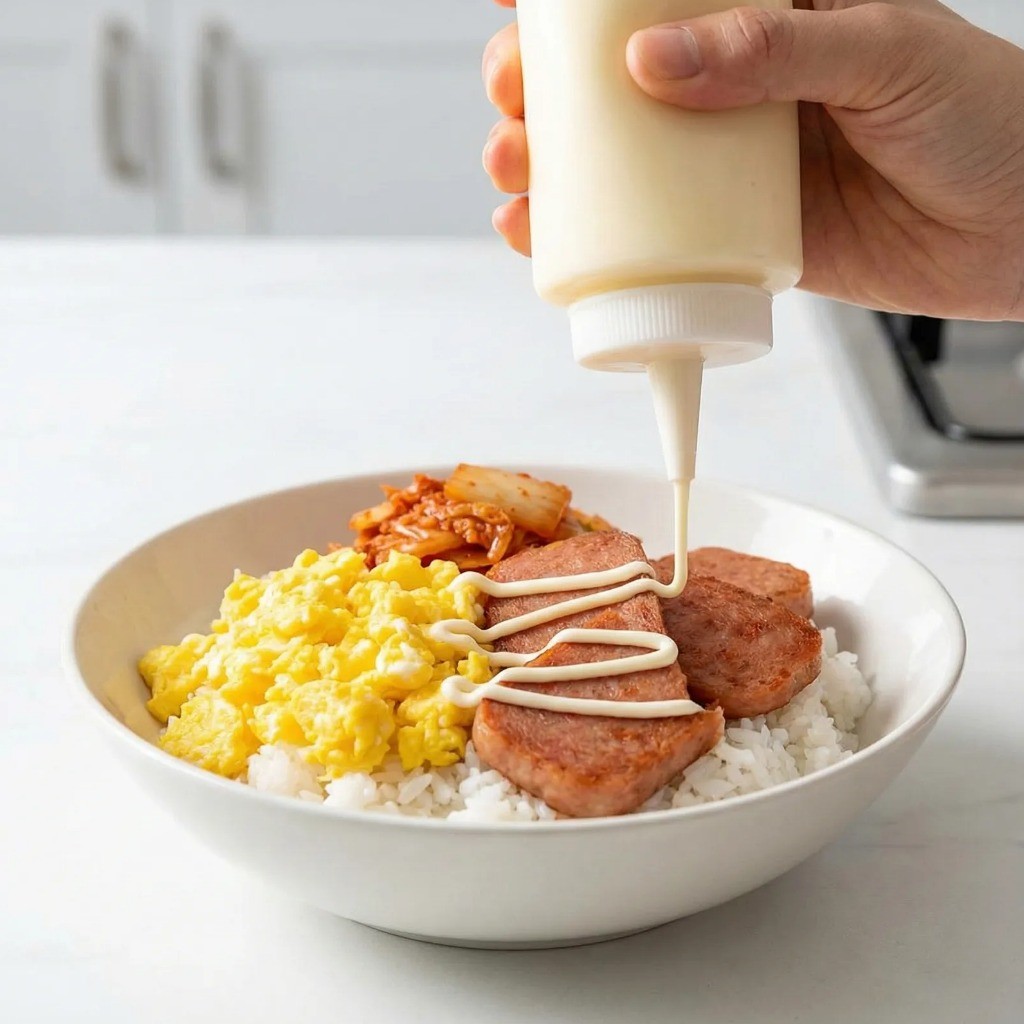 밥 위에 스크램블 에그와 볶은 스팸 김치를 올리고 마요네즈를 뿌려 완성한 스팸마요덮밥