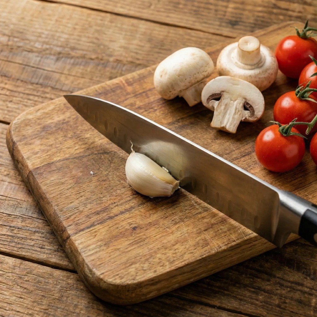 감바스 재료 손질 - 통마늘 으깨기 및 버섯 토마토 손질