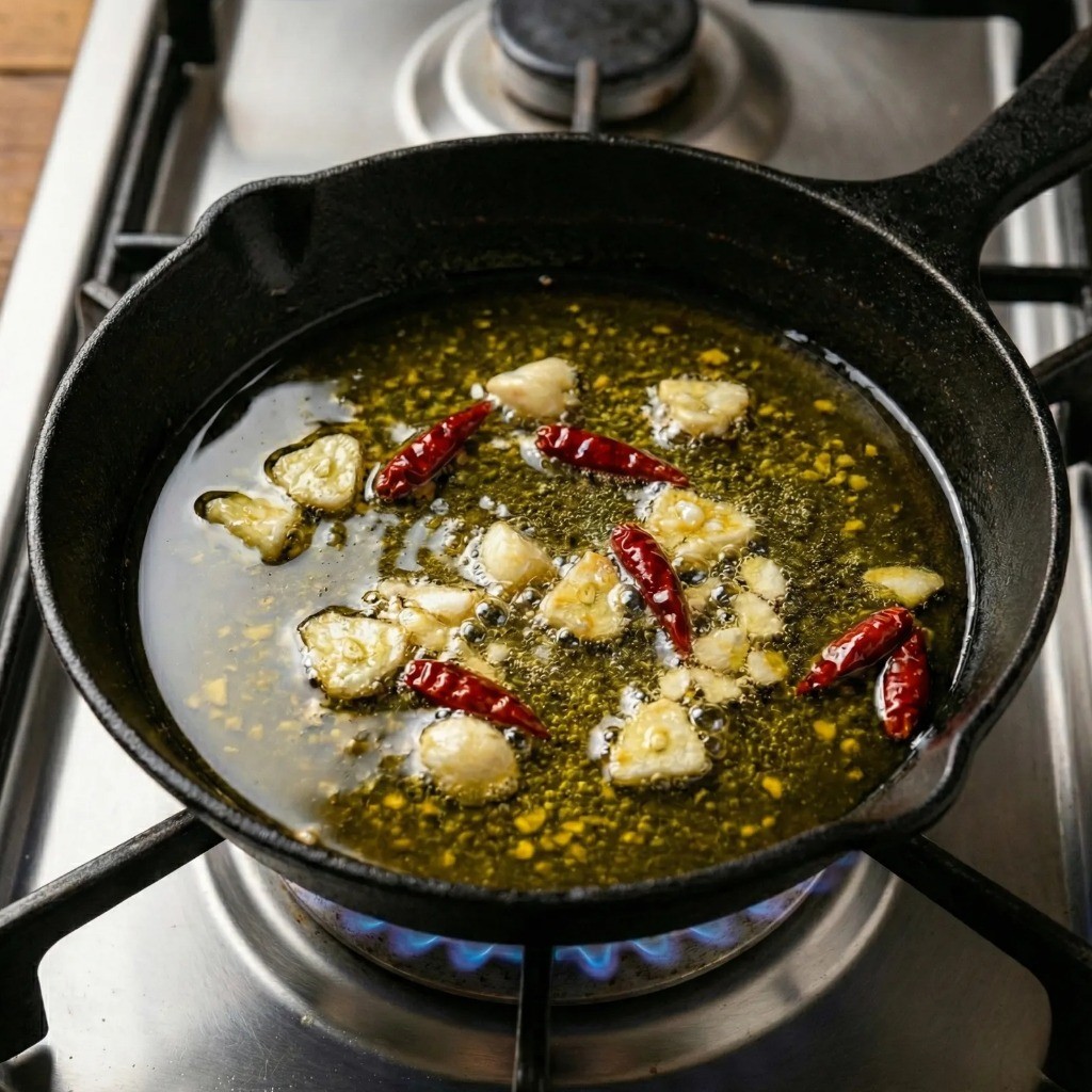 감바스 조리 과정 - 올리브유에 으깬 마늘과 고추 넣어 약불로 마늘 기름 내기