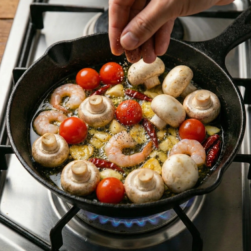 감바스 레시피 완성 단계 - 새우와 방울토마토 넣고 소금 간 맞추기