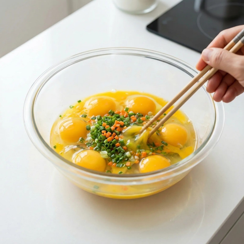 백종원 달걀말이 재료 손질: 달걀물에 대파 당근 설탕 섞기
