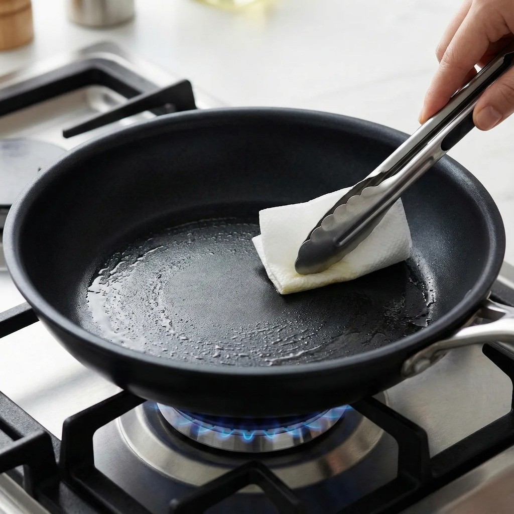 계란말이 팬 예열 및 기름 코팅: 키친타월로 닦아내는 꿀팁