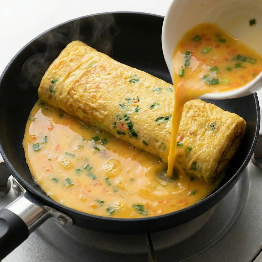 두툼한 계란말이 만들기: 달걀물 이어 붓고 연결해서 말기