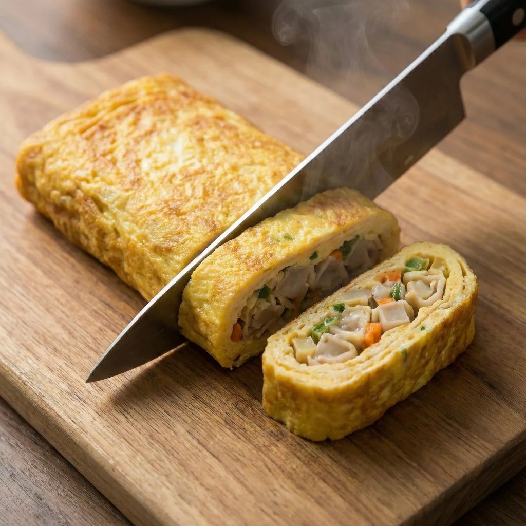 도마 위에서 완성된 만두 달걀말이 먹기 좋게 썰기 단면 확인