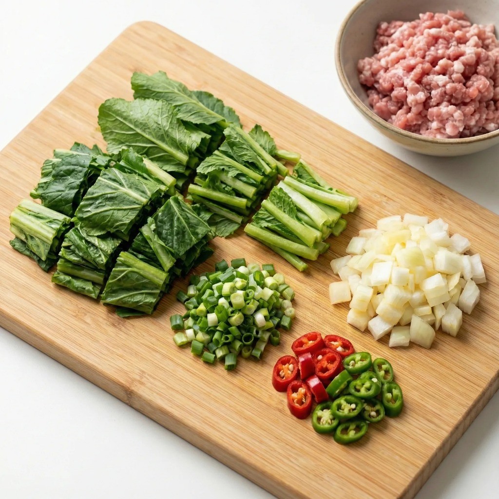 열무 된장 덮밥 재료 손질 - 잘게 썬 열무, 대파, 양파, 고추