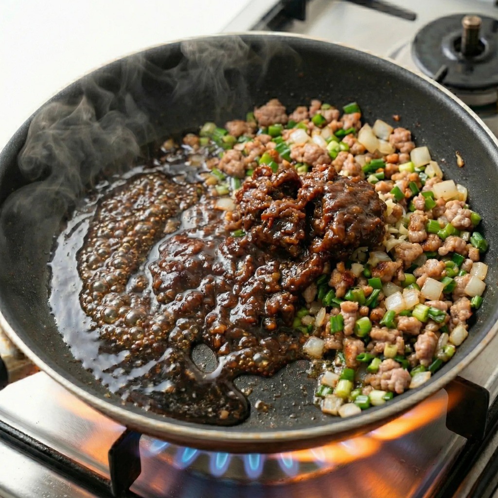 열무 된장 덮밥 양념장 - 된장, 고추장, 고춧가루 기름에 볶기