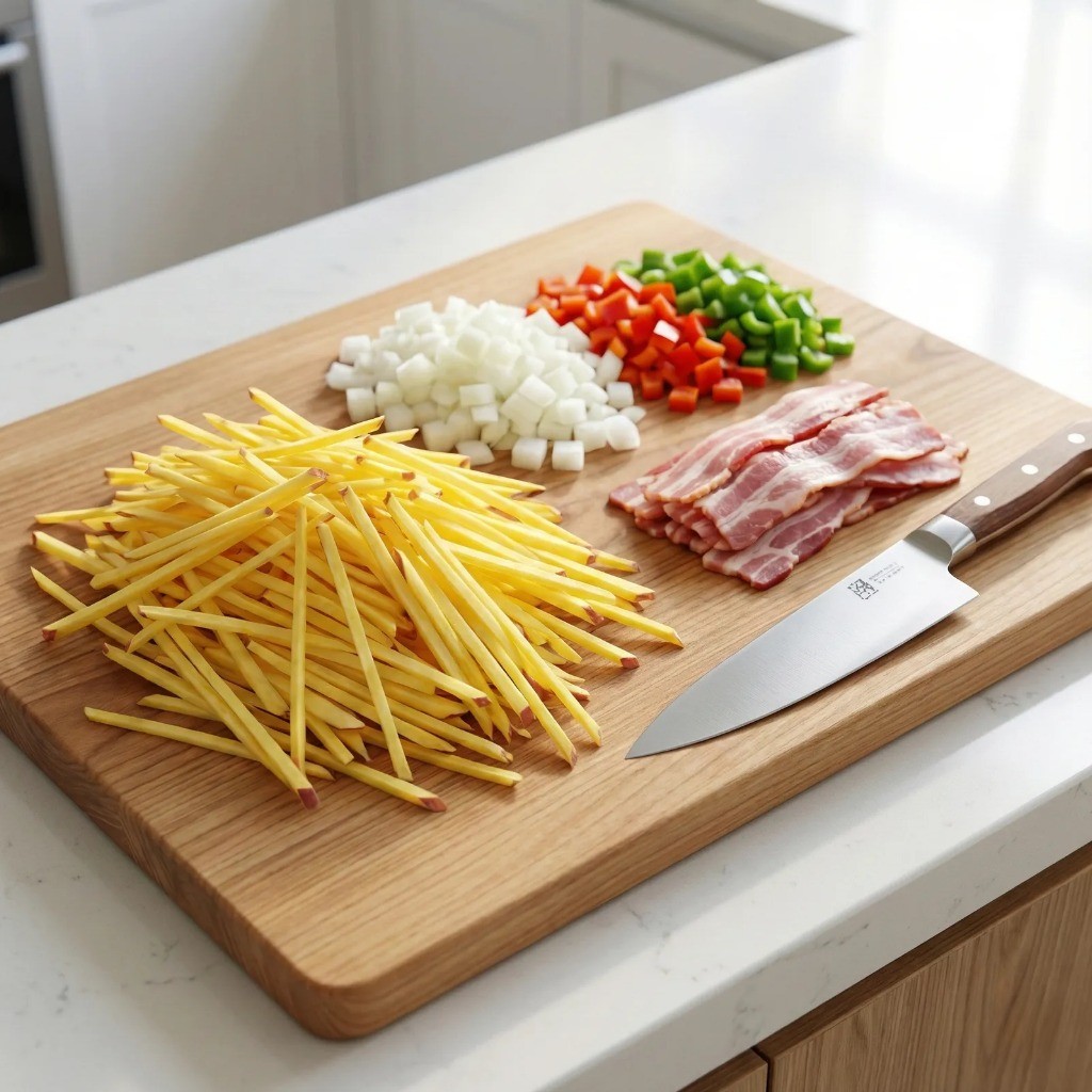 고구마 채썰기 및 양파 피망 베이컨 재료 손질