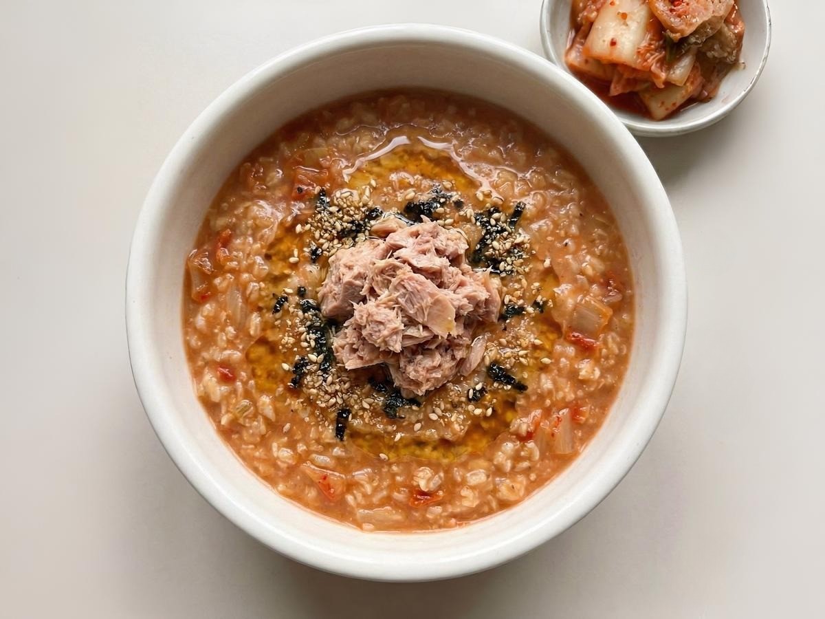 백종원 오트밀 김치 참치 죽 완성 - 다이어트 해장 추천 레시피