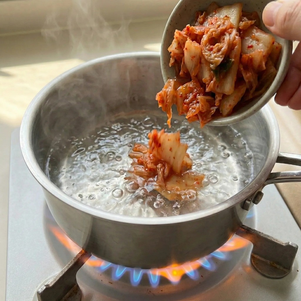 오트밀 죽 육수 만들기 - 냄비에 물과 잘게 썬 신김치 1컵 넣기