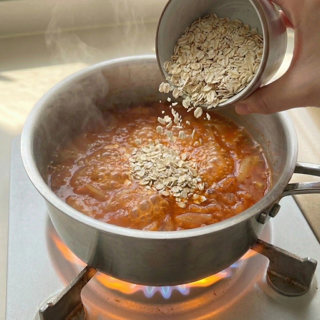 오트밀 넣기 - 팔팔 끓는 김치 국물에 오트밀 60g 투하