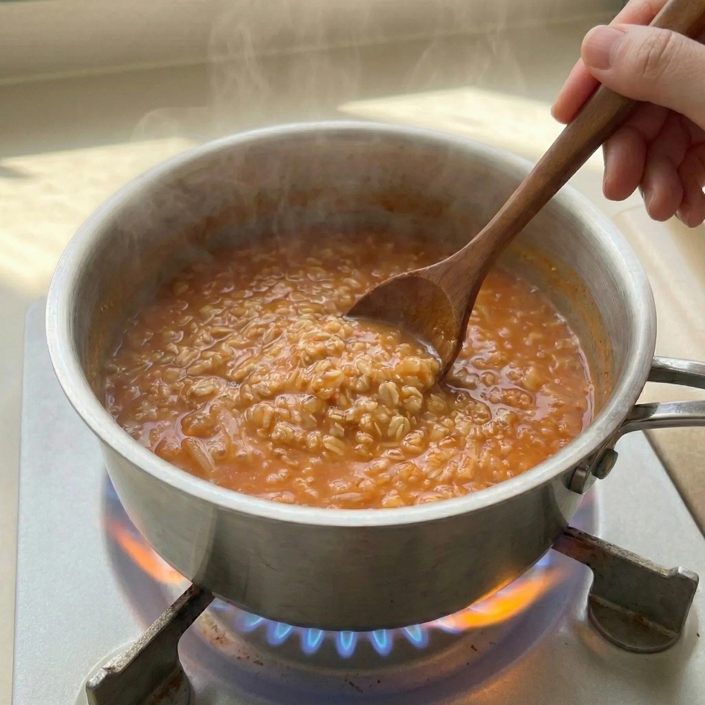 오트밀 죽 끓이기 - 오트밀이 퍼지고 국물이 걸쭉해질 때까지 저어주기