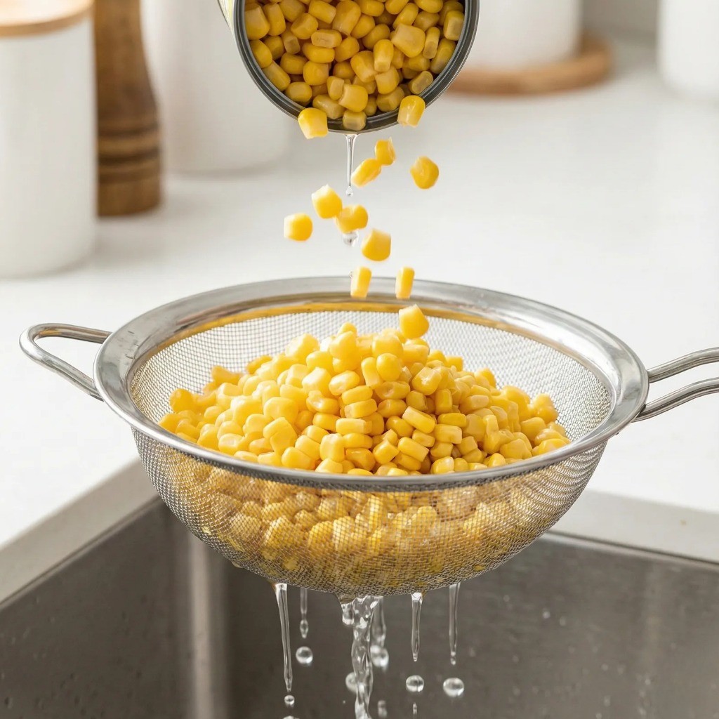 백종원 콘치즈 만들기 1단계: 옥수수 통조림 체에 밭쳐 물기 제거하기