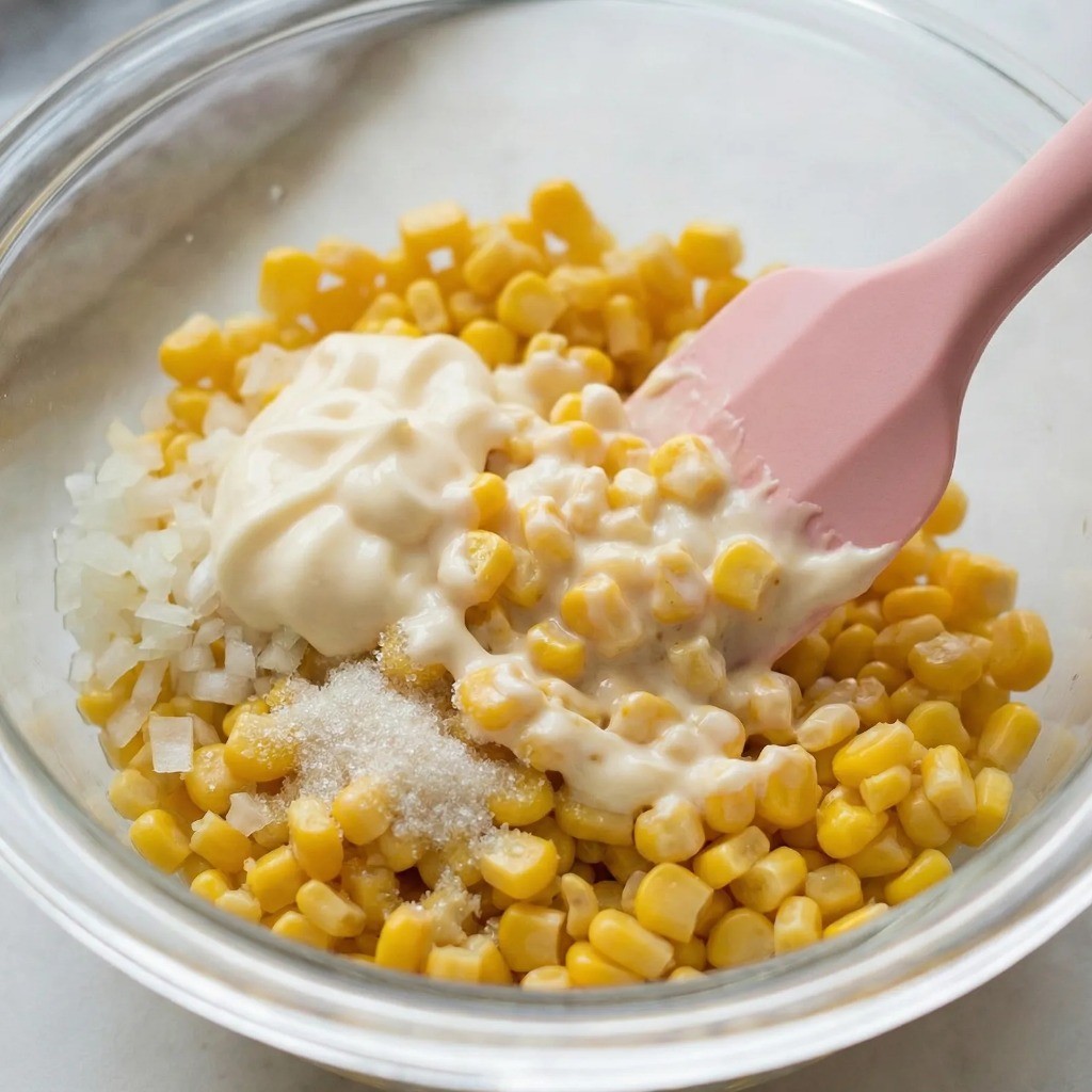 콘치즈 재료 배합: 옥수수, 다진 양파, 마요네즈, 설탕을 볼에 넣고 섞는 과정