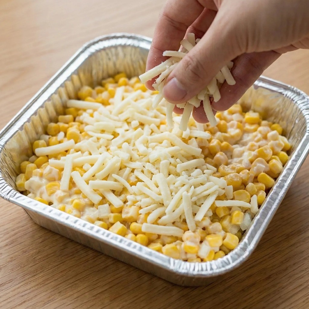 에어프라이어 콘치즈 조리: 용기에 옥수수 믹스를 담고 모짜렐라 치즈 듬뿍 올리기