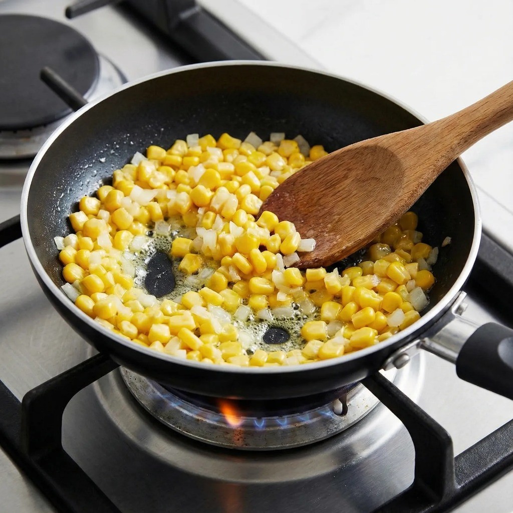 프라이팬 콘치즈 조리: 버터에 옥수수와 양파를 볶아 수분을 날리는 과정