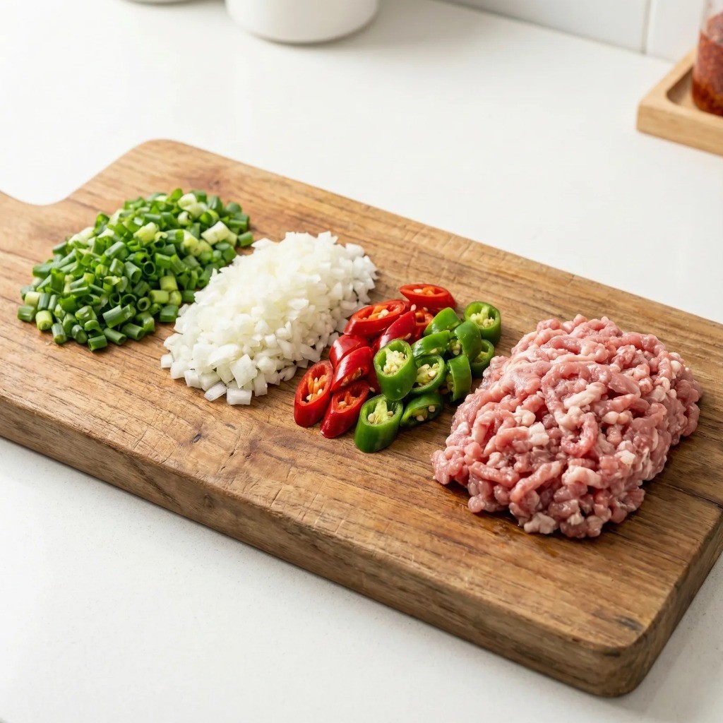 순두부찌개 재료 손질 - 대파, 양파, 청양고추를 잘게 다져 준비한 모습