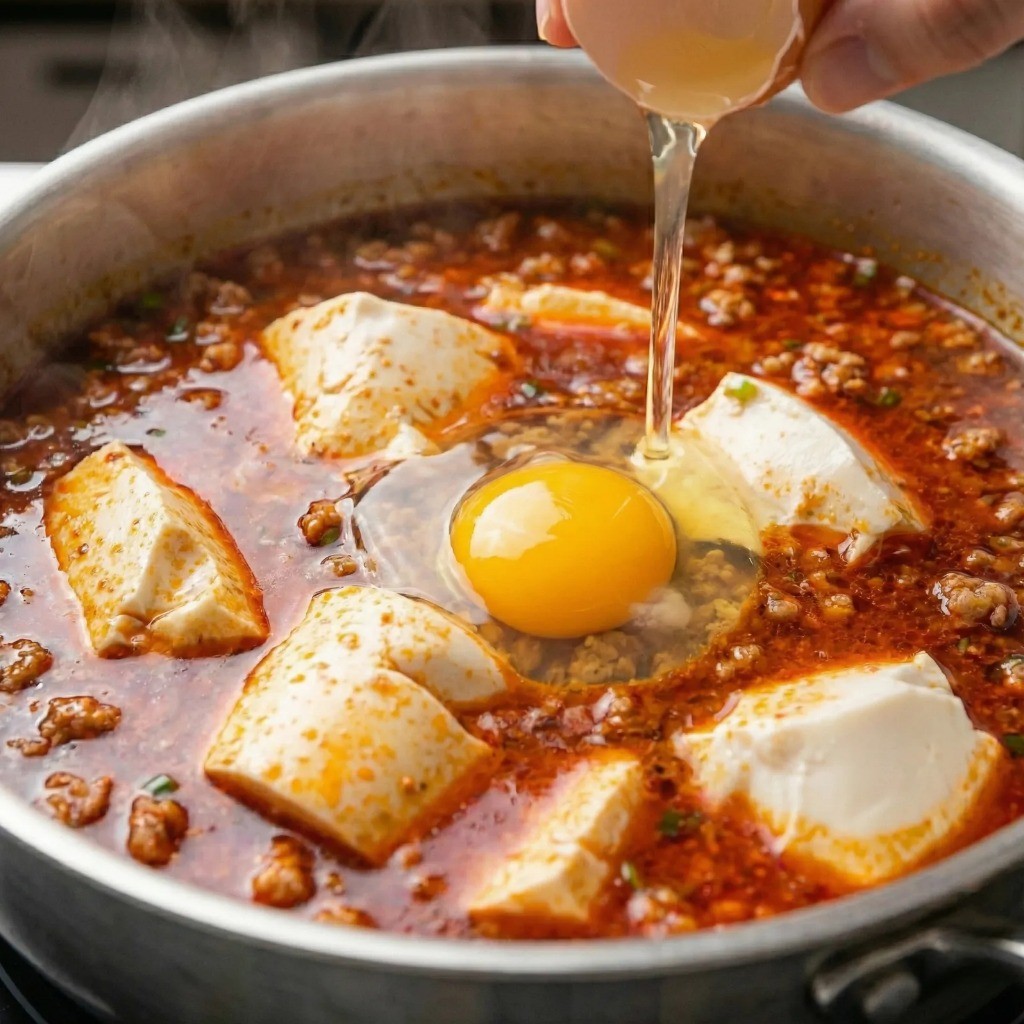 순두부와 달걀을 넣고 보글보글 끓여 완성해가는 순두부찌개