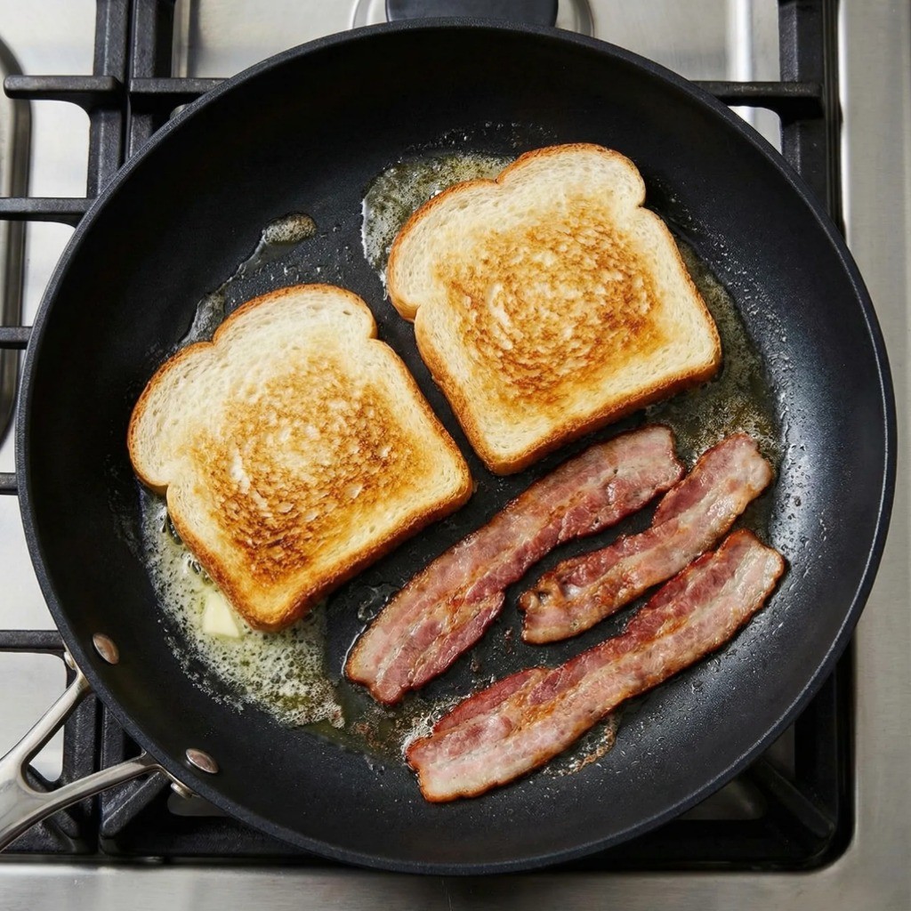프라이팬에서 버터로 식빵 한쪽 면 굽기와 베이컨 조리 과정