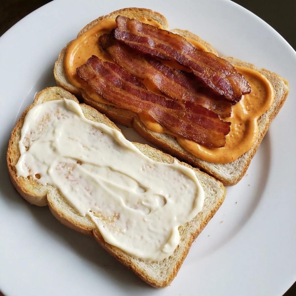 구운 식빵에 마요 소스와 스리라차 소스를 듬뿍 바르고 베이컨 올리기