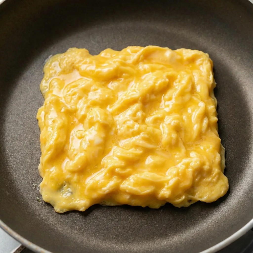 부드러운 식감을 위해 약불에서 몽글몽글하게 익히는 스크램블 에그