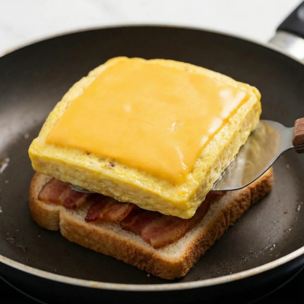 모양 잡은 달걀 패티 위에 슬라이스 치즈를 녹여 빵 위에 얹어 샌드위치 조립하기