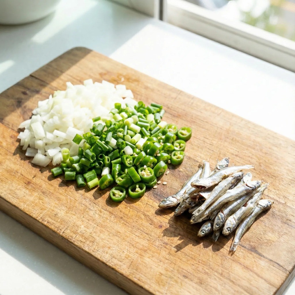 강된장 재료 손질하기 양파 대파 청양고추 국멸치 다지기