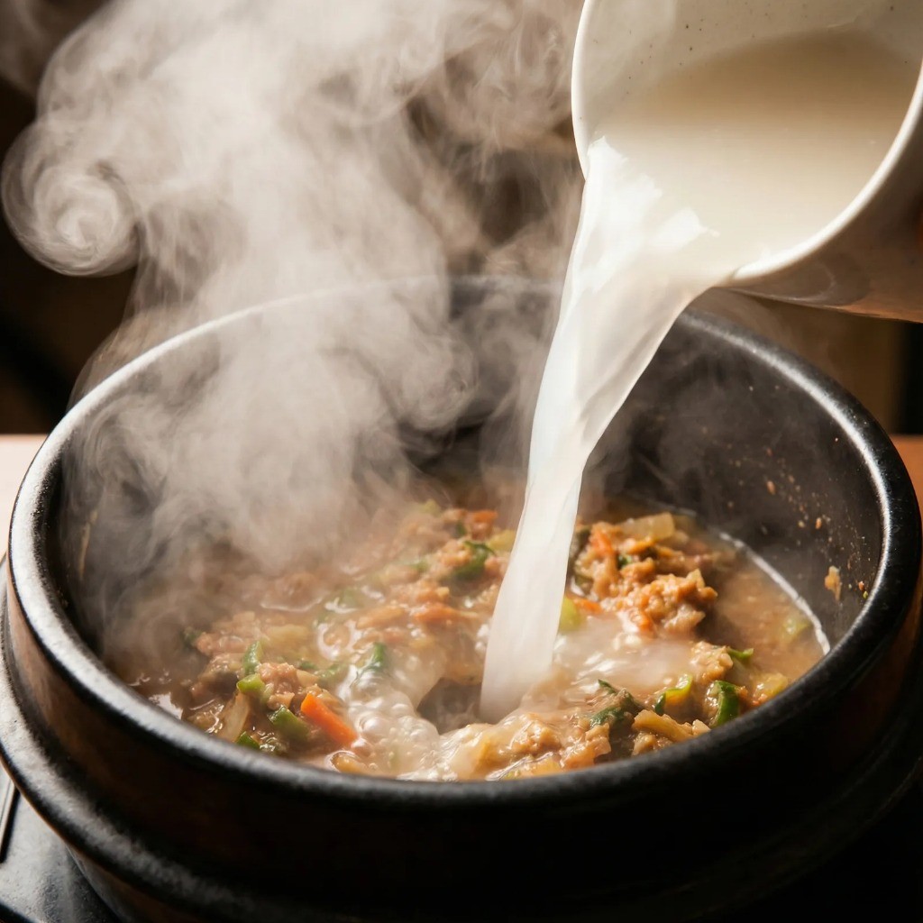 볶은 된장에 쌀뜨물 붓고 걸쭉하게 끓이기