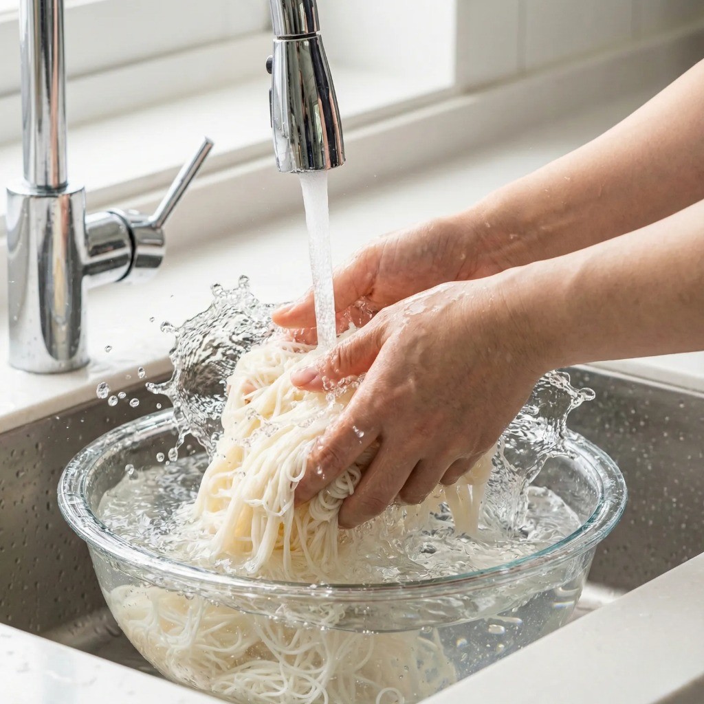 삶은 소면 찬물 헹구기, 전분 제거로 탱글한 면발 만들기