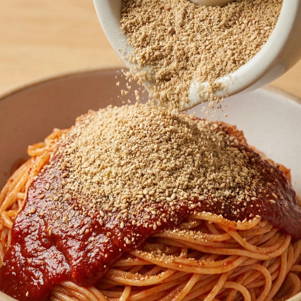 백종원 비빔국수 핵심 비법, 절구에 빻은 깨소금 듬뿍 올리기