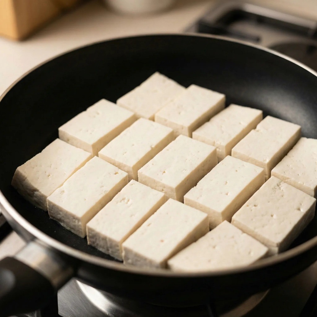 두부조림 만드는 법, 프라이팬에 두부 겹치지 않게 깔기