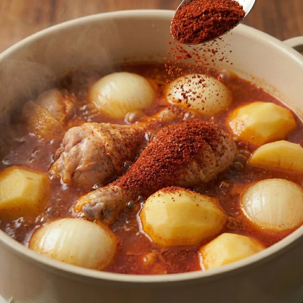 먹음직스러운 빨간 국물 닭볶음탕 고춧가루 넣기