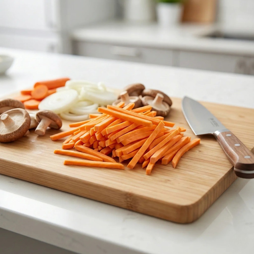 돼지고기 모둠찜 재료 손질 - 고구마와 채소 채썰기