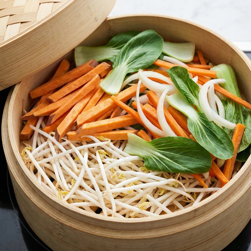 찜기 위에 숙주와 손질한 채소를 수북하게 쌓은 모습