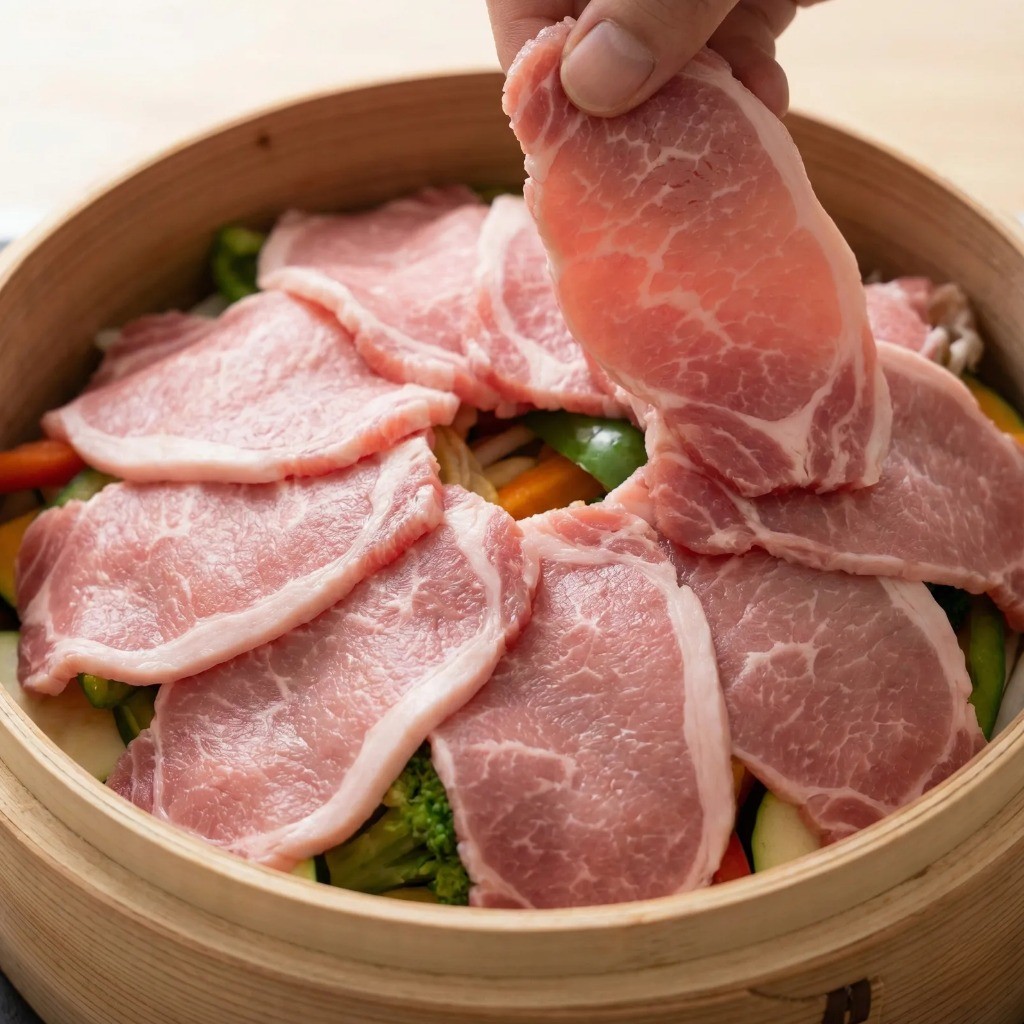 채소 위에 얇은 돼지고기 뒷다리살을 이불처럼 덮은 모습