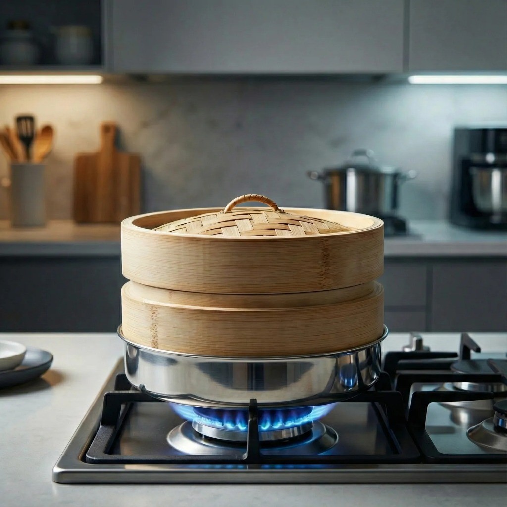 찜기에서 김이 모락모락 나며 완성되어 가는 돼지고기 찜 요리